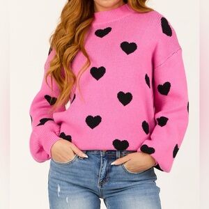 New! Pink Sweater With Black Hearts